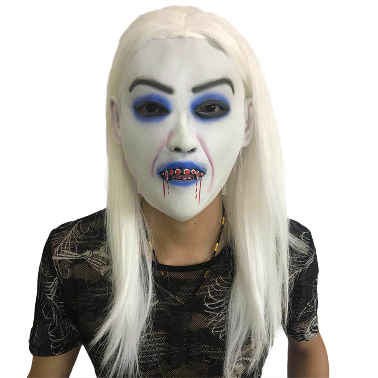 万圣节恐怖鬼脸面具牛角红魔鬼吓人假面化妆舞会表演乳胶套头巫婆面具