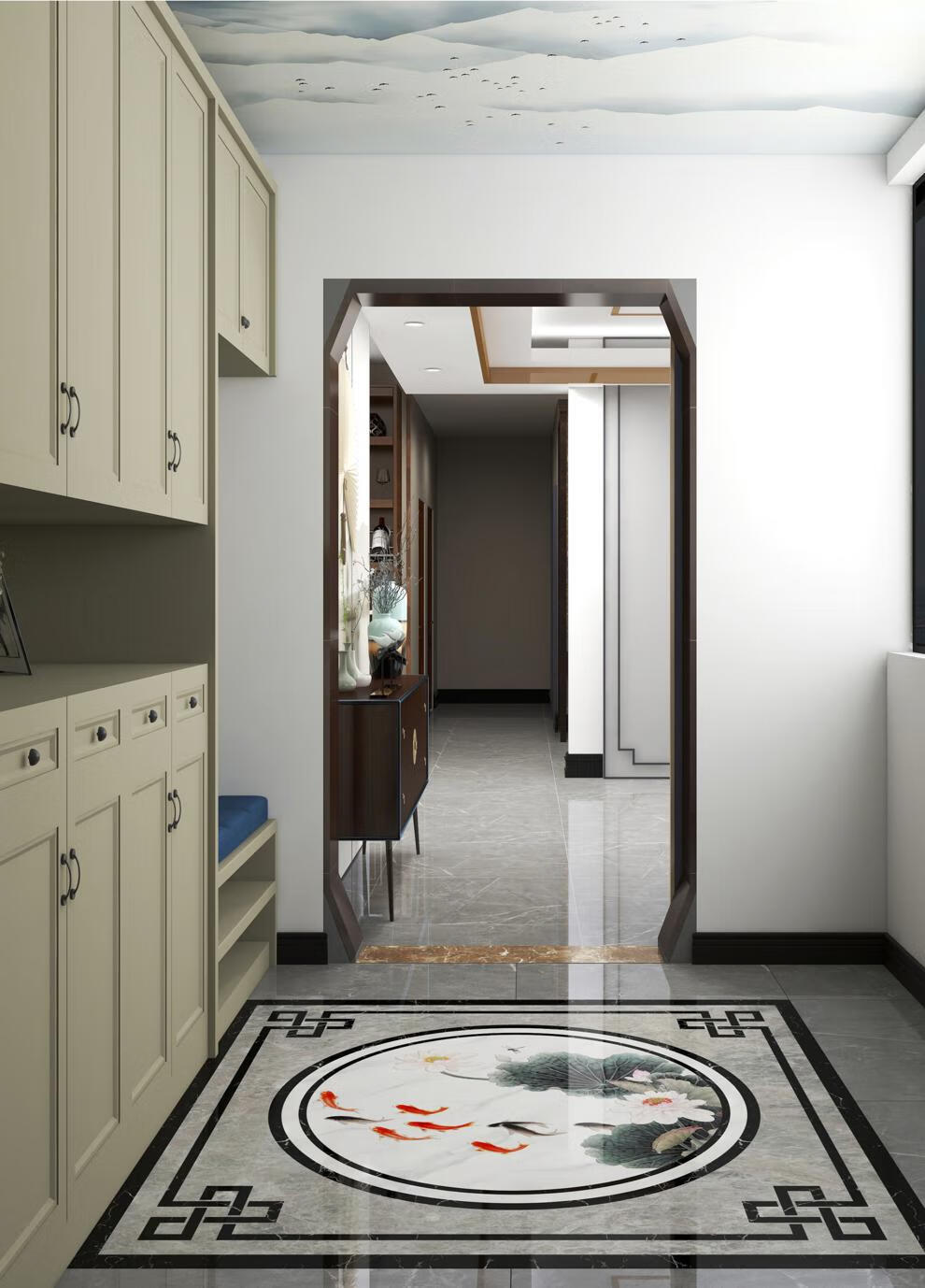 定制新中式荷花九鱼图瓷砖地砖入户玄关拼图地板砖微晶石拼花图案