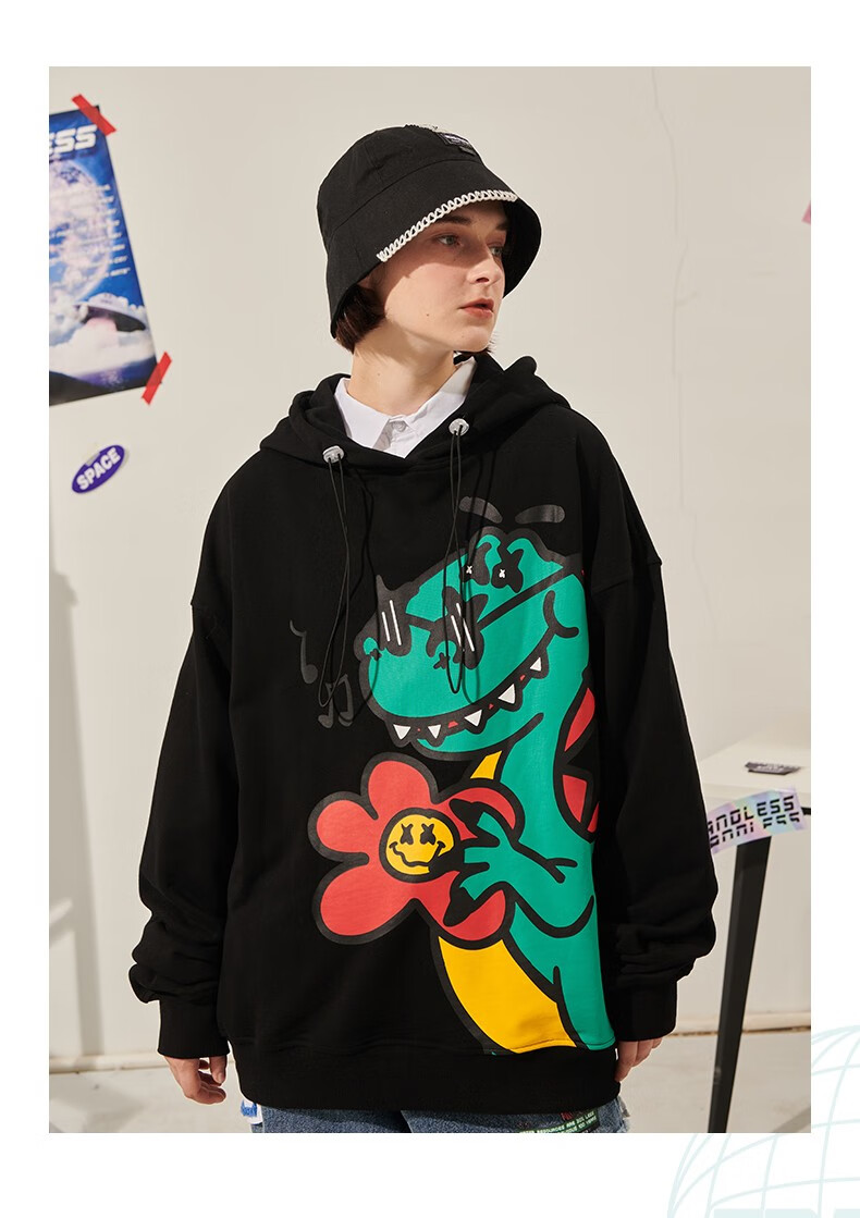 er笑脸大恐龙印花连帽卫衣男秋冬新国潮牌情侣装帽衫 黑色 m【图片