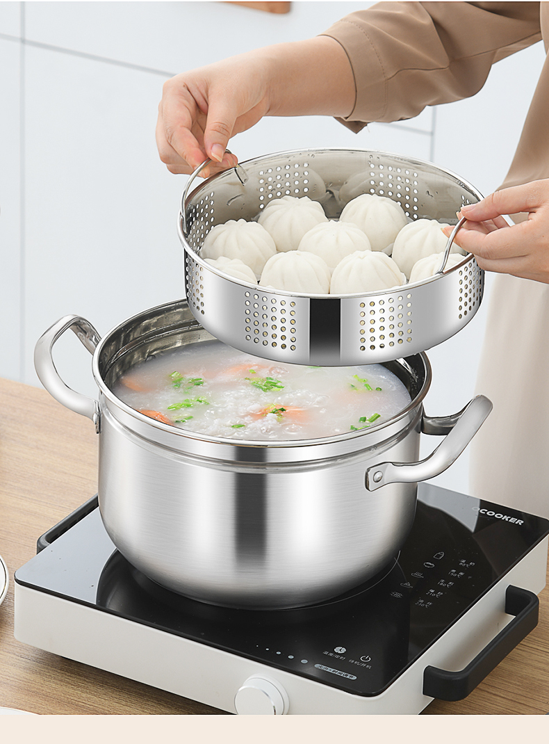 梯锅日式小蒸锅1层304不锈钢家用加厚沥水蒸饭锅单层隔水多用蒸煮汤锅