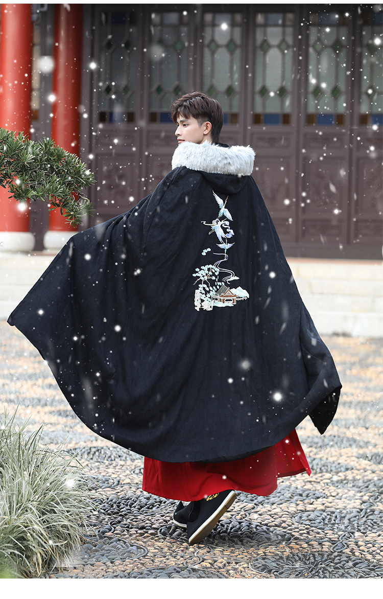 秋冬加绒加厚刺绣连帽长款保暖披风外套古装820浅灰色毛领斗篷均码5xl