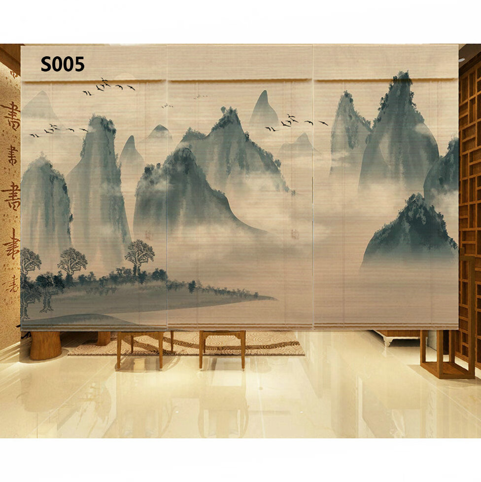 竹席窗帘定制印花遮光山水复古装饰卷帘客厅挂画茶室隔断中式竹帘窗帘