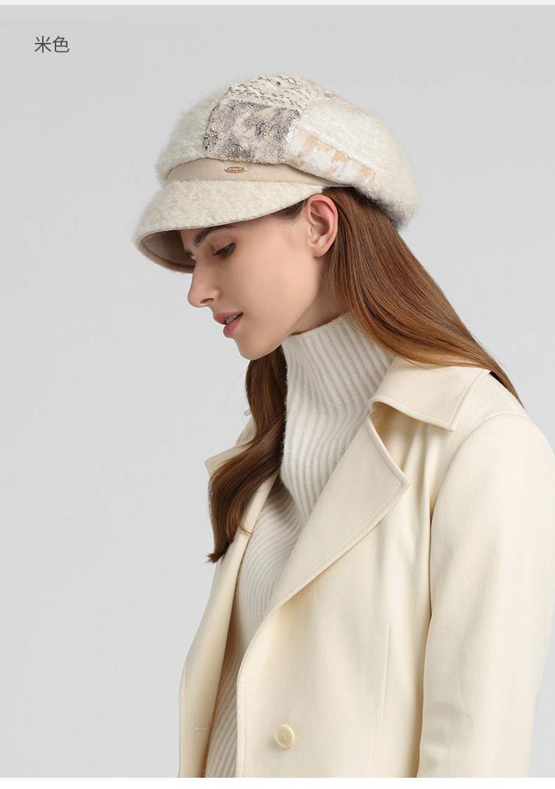 卡蒙(kenmont2021秋冬新品英伦复古绵羊毛亮片刺绣鸭舌贝雷帽女秋冬