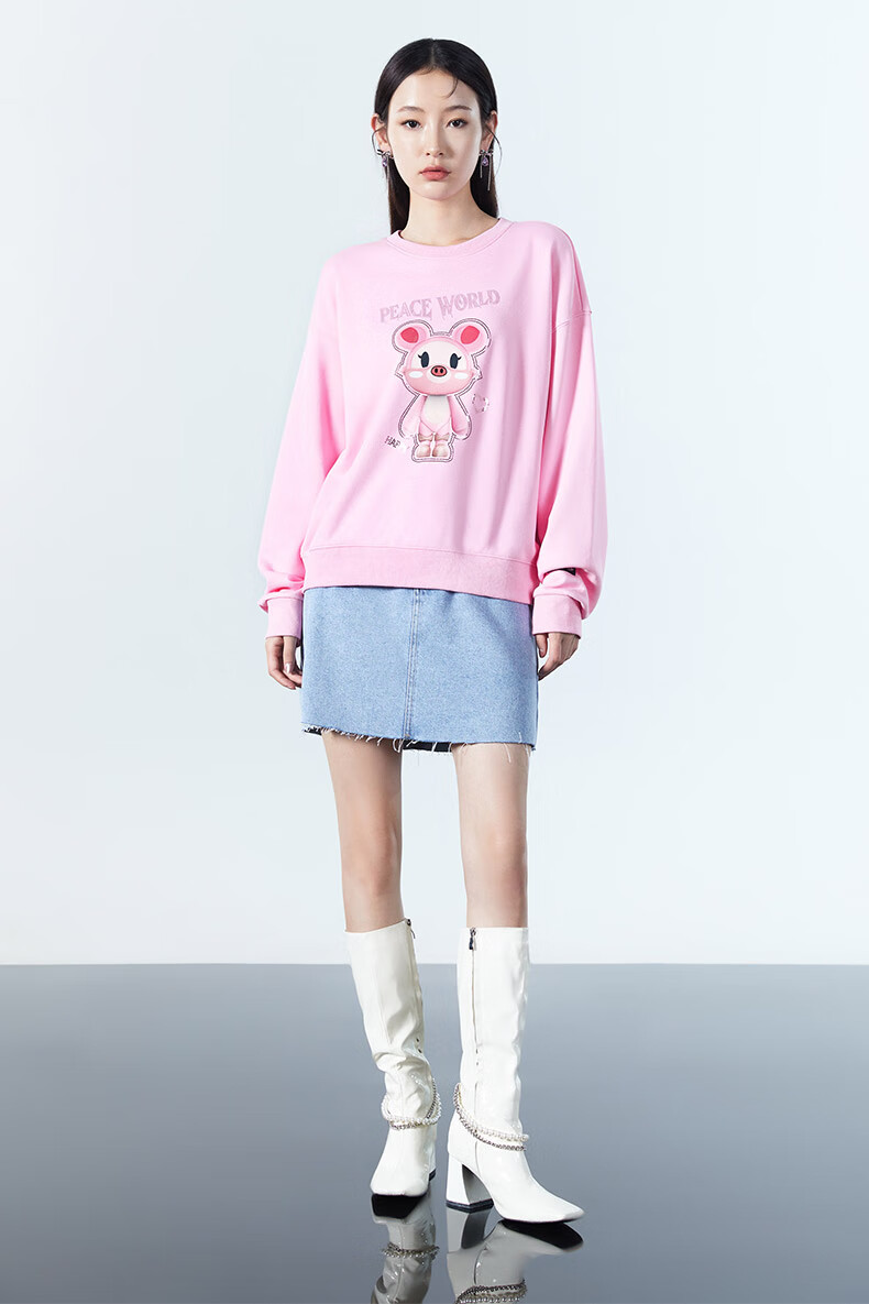 five plus5 星际熊2021新款女秋装设计感元气卫衣女宽松套头衫潮 黑色