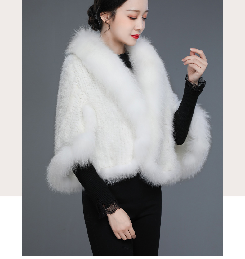 水貂毛披肩雅狐狸毛领编织裘皮大衣貂皮斗篷冬季时尚皮草外套咖啡