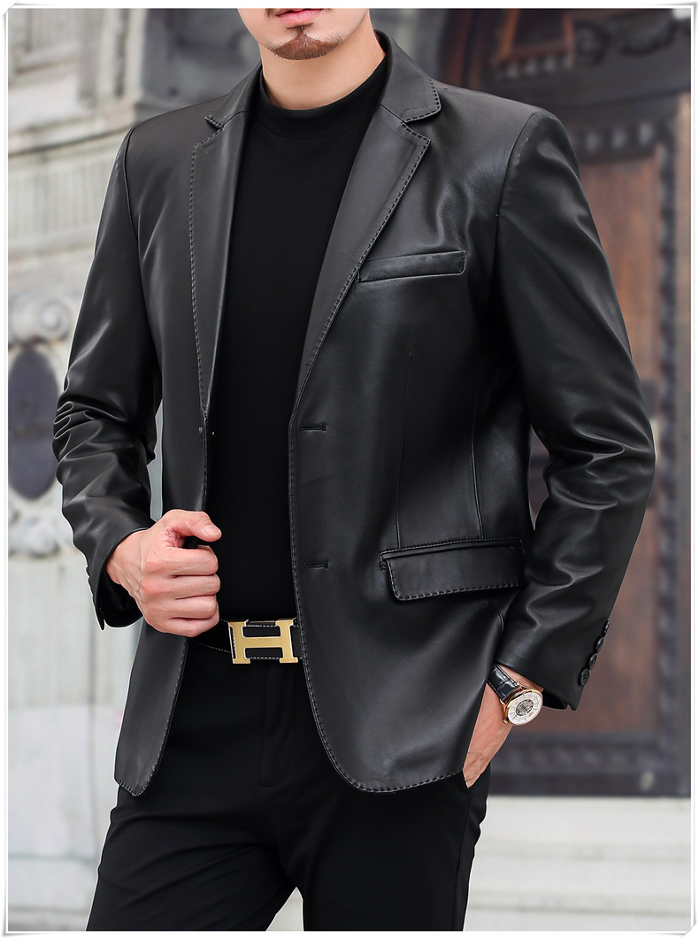 利罗基尼(lerogeni)品牌皮西装外套男单件青中年男士秋季皮夹克薄款