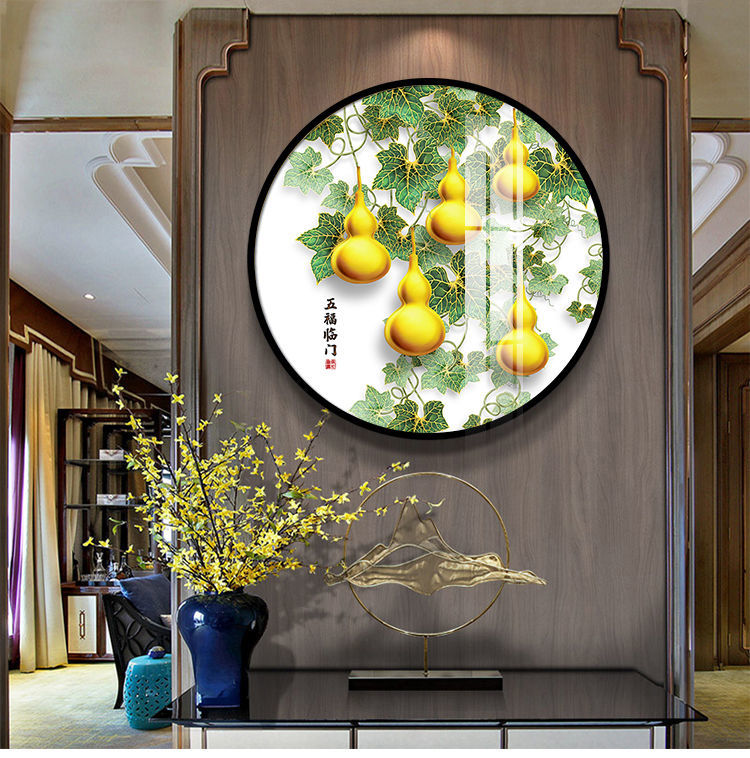 新中式圆形玄关装饰画五福临门玄幻壁画福禄葫芦进门餐厅挂画图案画框
