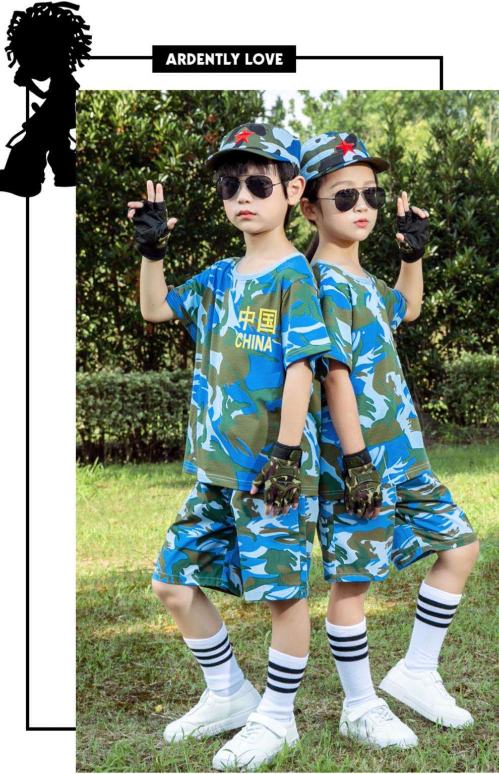 迷彩服套装男女童海军风儿童服装短袖中小学生军训服装军装演出服 工