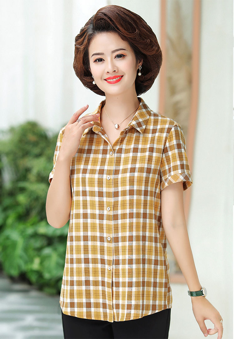女装新款妈妈款短袖衬衫女50岁中年女士衬衣格子衫夏装02浅绿色xl建议