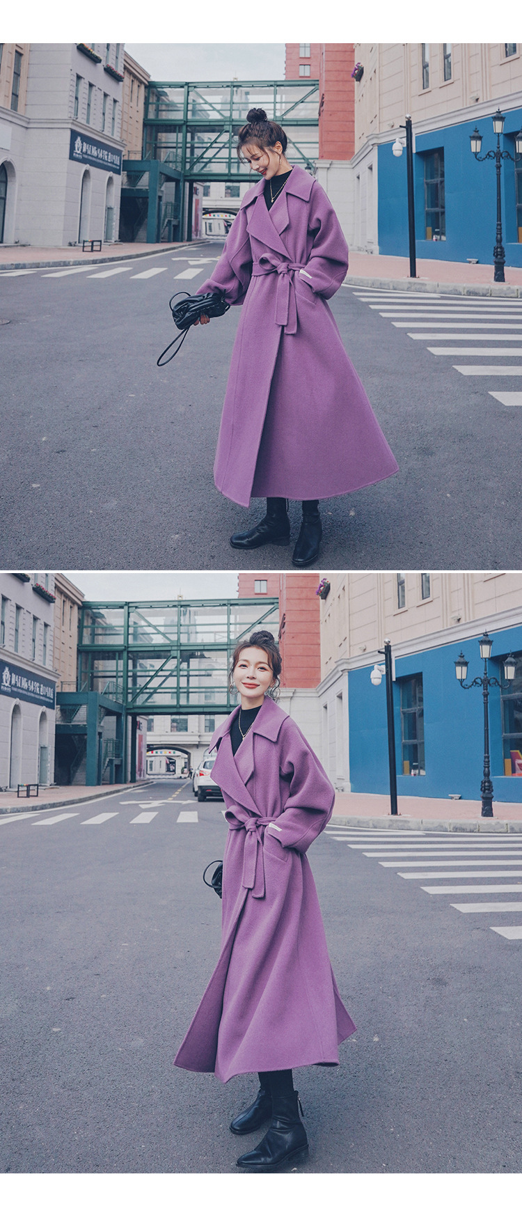 森迪宾2021年新款秋冬气质赫本风大衣女韩版宽松中长款呢子外套紫色s