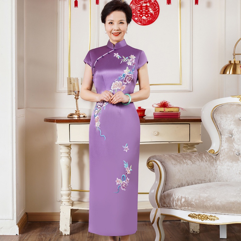 装新款婚庆喜婆婆大码连衣裙年轻洋气修身婚宴礼服旗袍顾眷年酒红色m