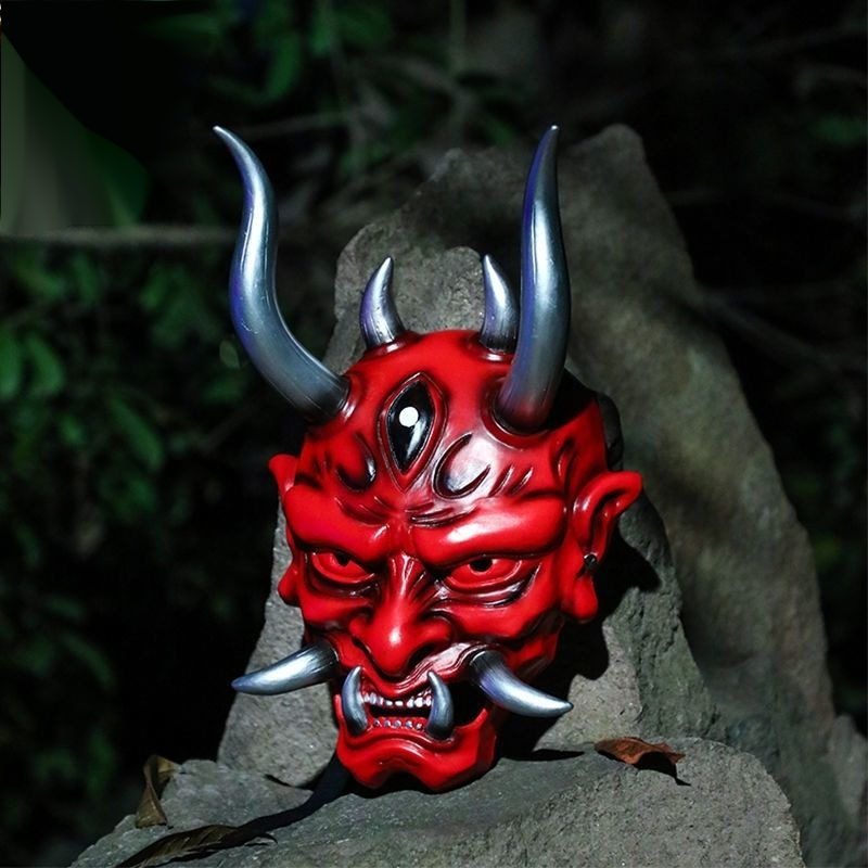 日式赤般若cos恐怖面具日本鬼脸獠牙树脂万圣节头套面具挂摆件金色般