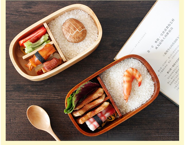 日式木饭盒便当盒木质分格2层可爱日本寿司盒学生餐盒套装家用餐盒