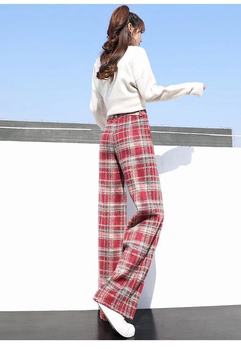 加厚格子毛呢阔腿裤女秋冬新款垂感高腰宽松ins风休闲直筒长裤子红格s