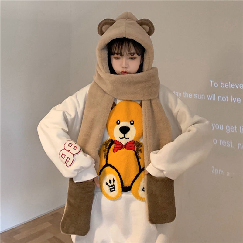小熊帽子围巾一体女冬可爱百搭秋冬护耳连帽保暖手套三件套潮杏色毛绒