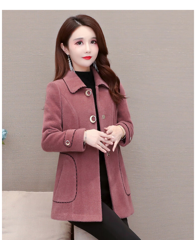 富贵鸟皮毛一体中长款呢子大衣女2021年新款秋冬妈妈仿金貂绒毛呢外套