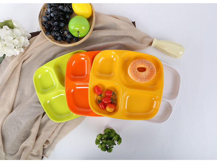 快餐盘密胺餐盘四格方形塑料圆形快餐盘仿瓷餐具分格盘子食堂饭盘三格