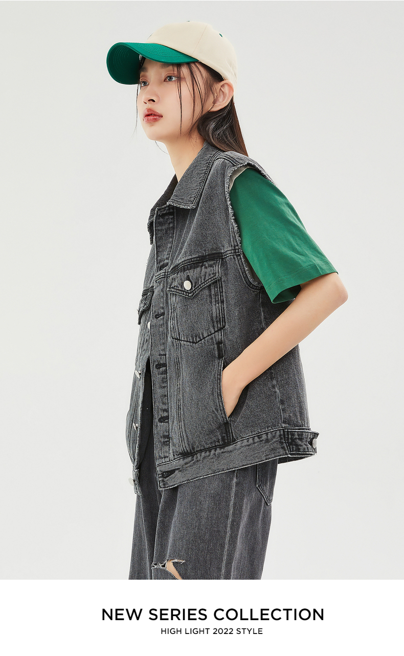 spao女装2022年春季新款简约个性街头舒适时尚牛仔休闲宽松马甲 牛仔