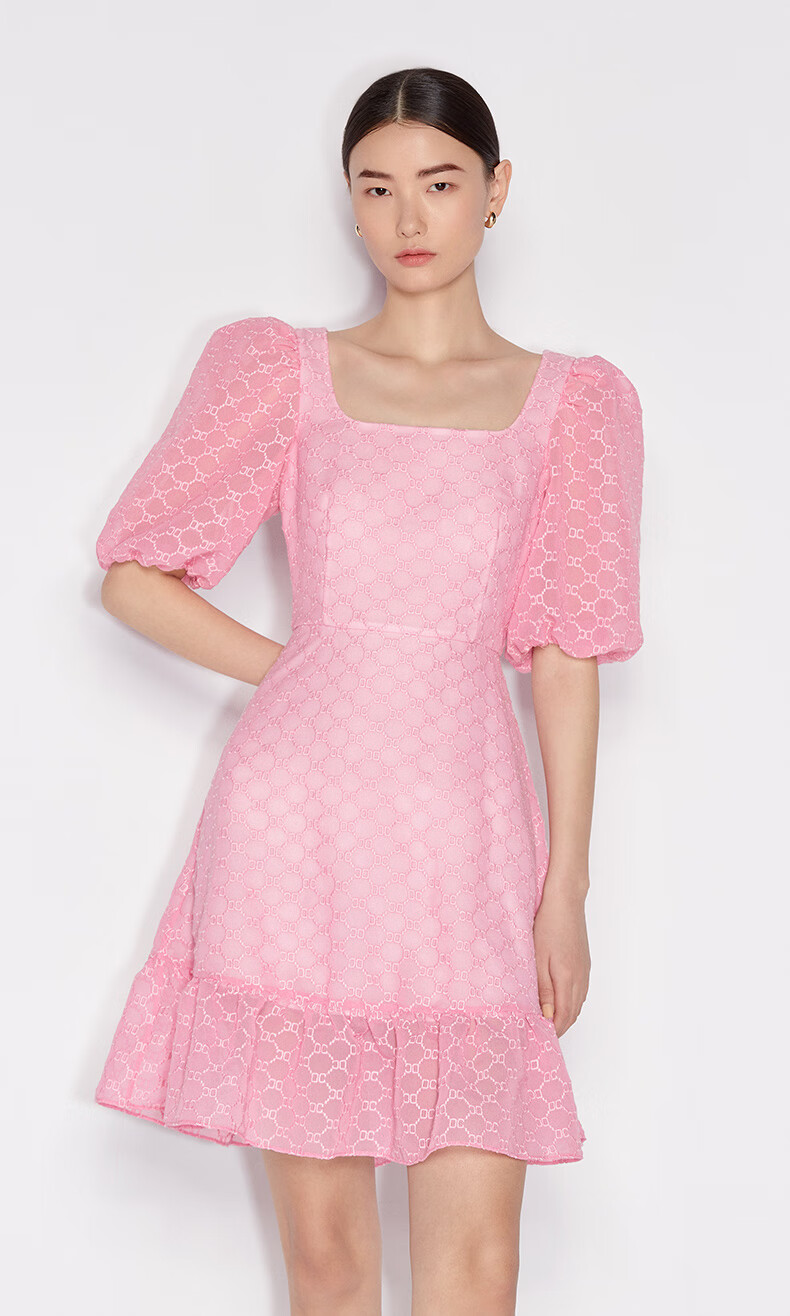 ochirly欧时力刺绣花边灯笼袖a字连衣裙 玫红130 xs【图片 价格 品牌