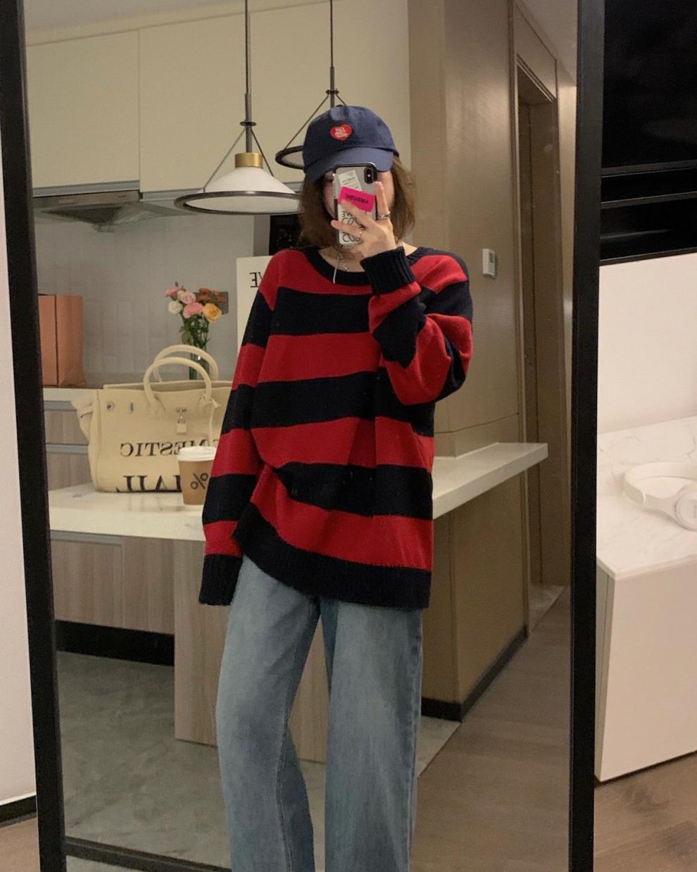veee 很好看的红黑条纹 秋冬经典撞色慵懒显瘦圆领套头针织毛衣女