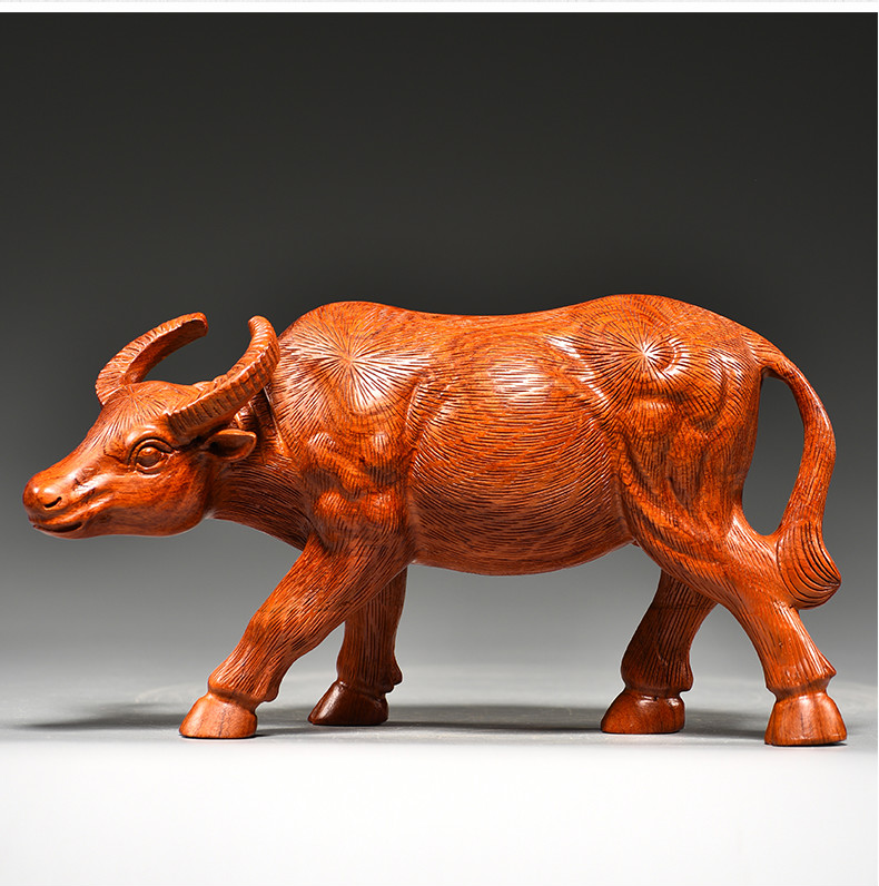 福渊阁花梨木雕牛摆件牛气冲天实木水牛工艺品十二生肖动物客厅开业