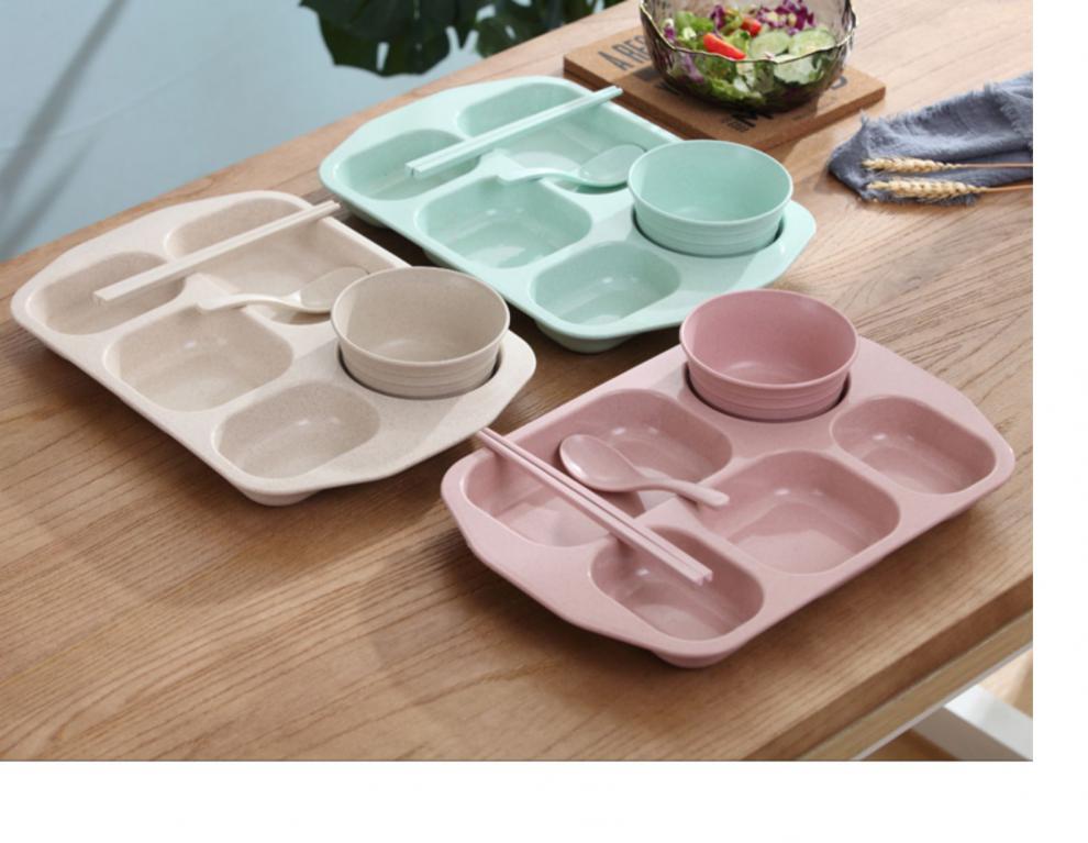 大人深格小麦秸秆食堂饭盘家庭分餐制餐具家用套装分格餐盘筷勺北欧米