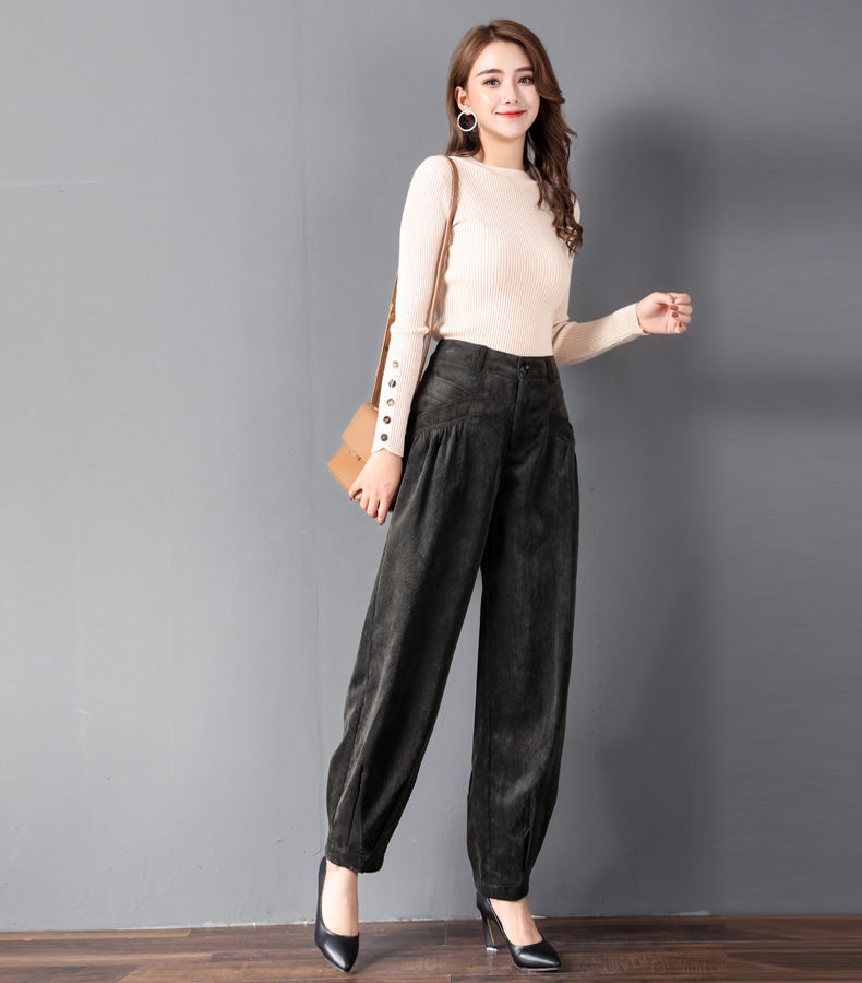 灯芯绒女裤韩版哈伦裤萝卜裤秋冬高腰大码裤子女宽松显瘦条绒玫红色