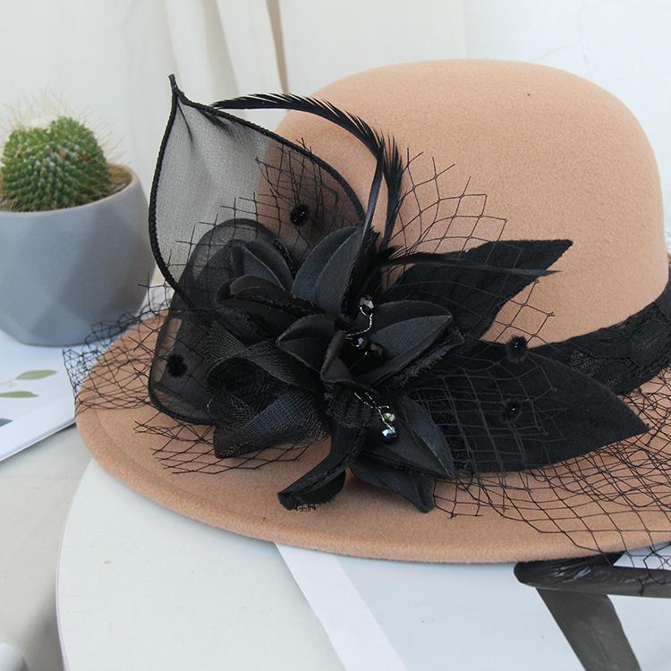 呢帽子秋冬宴会女士气质复古网纱时装帽韩版礼帽潮赫本毛呢黑色可调节