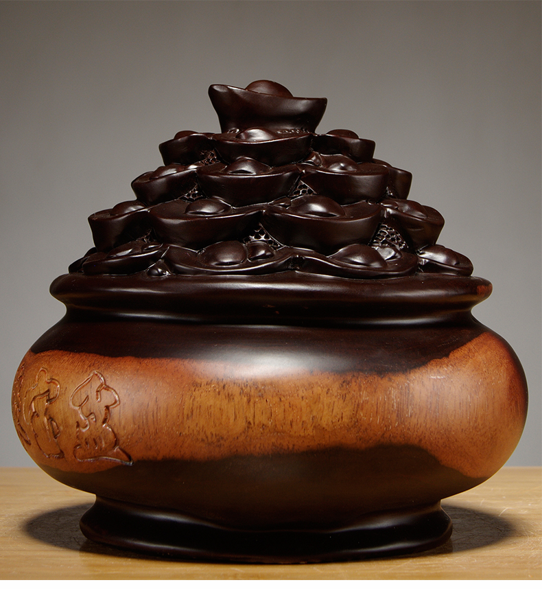 梵粟黑檀木雕聚宝盆摆件招财风水客厅装饰桌面摆件实木雕刻工艺品店铺