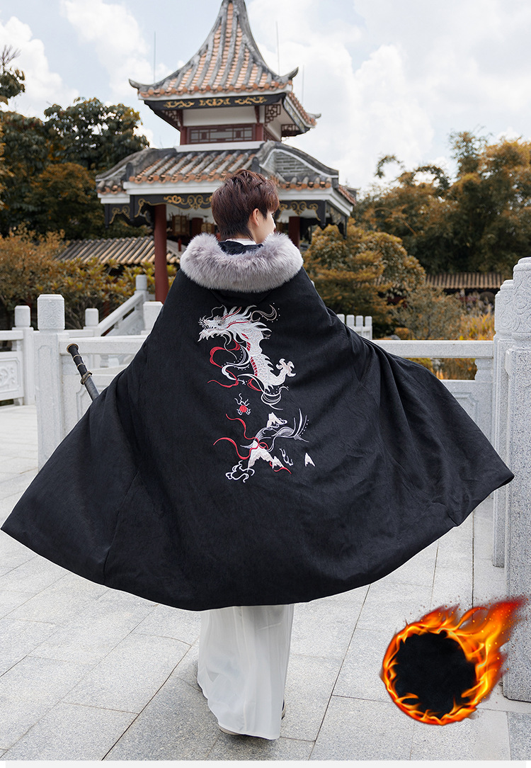 卡辑原创汉服男古装全套中国风长款刺绣斗篷冬季加绒连帽保暖披风内搭
