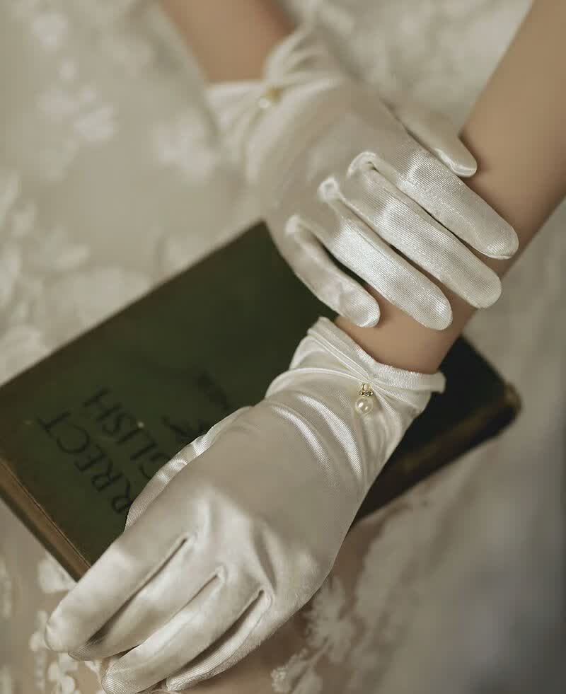 手套网纱缎面复古薄纱短款蕾丝结婚礼服婚纱新娘白色珍珠手套超仙细雪