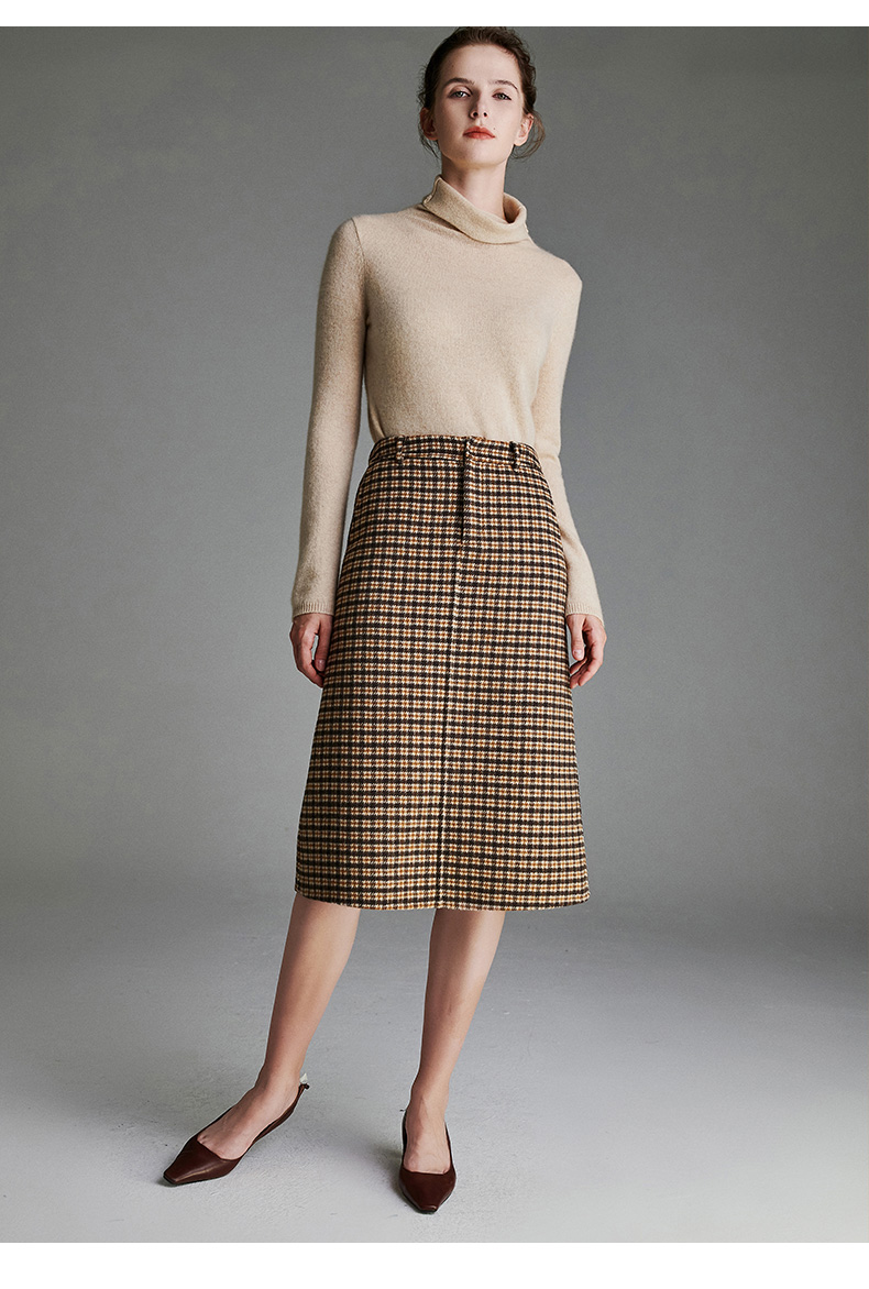 欧黎蔓格纹羊毛半身裙2021秋冬款新款高腰后开叉设计品牌显瘦a字裙