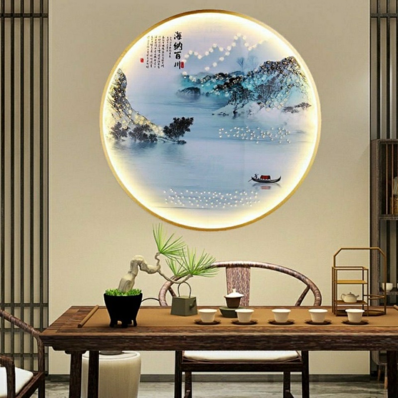led灯玄关画卧室画书房装饰画山水画光暗可调山水生财130直径硅藻泥款