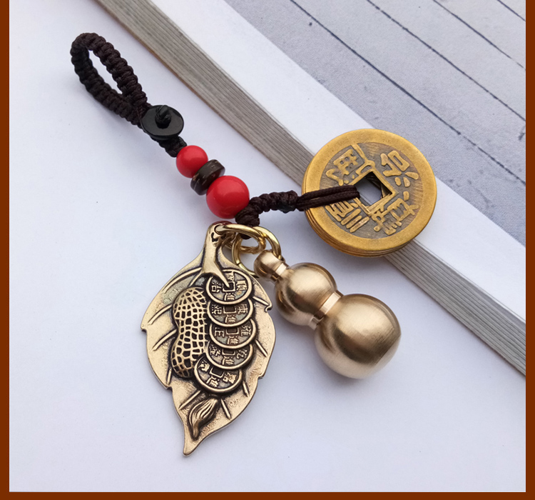 济凯黄铜一叶生财葫芦汽车钥匙扣五帝钱如意吊坠一夜暴富挂件随身一叶