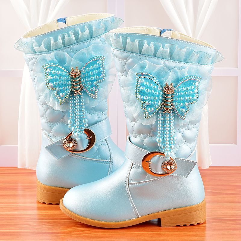 迪士尼disney女童高跟靴子儿童马丁靴2021秋冬新款爱莎公主靴加绒雪地