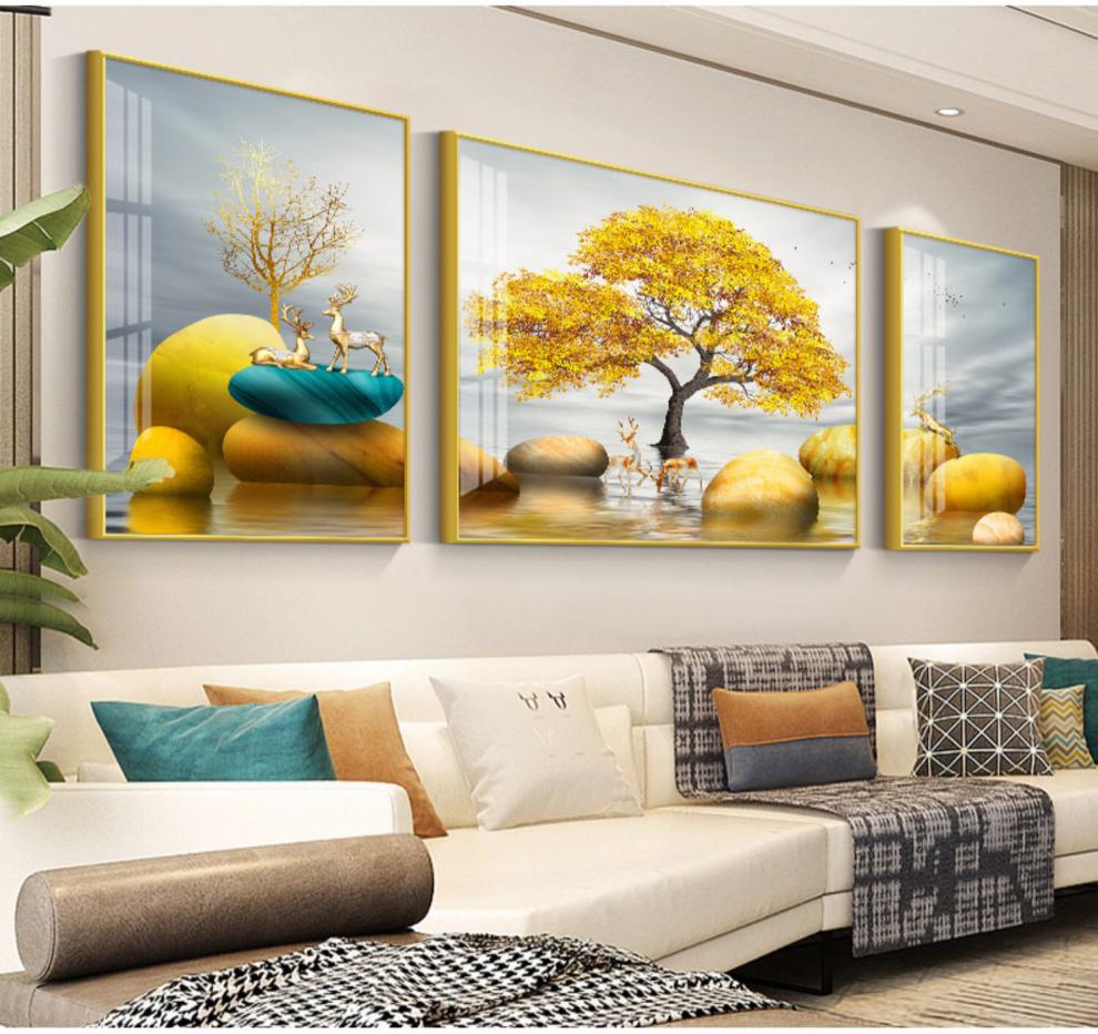 轻奢客厅背景墙装饰画现代简约沙发后墙面挂画大气晶瓷三联画壁画福禄