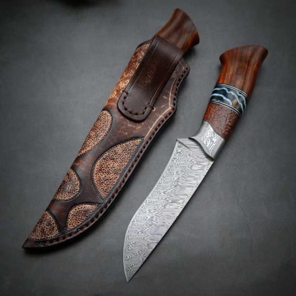 硕哥 进口瑞粉大马士革钢刀户外防身小刀荒野求生高硬度锋利手工直刀