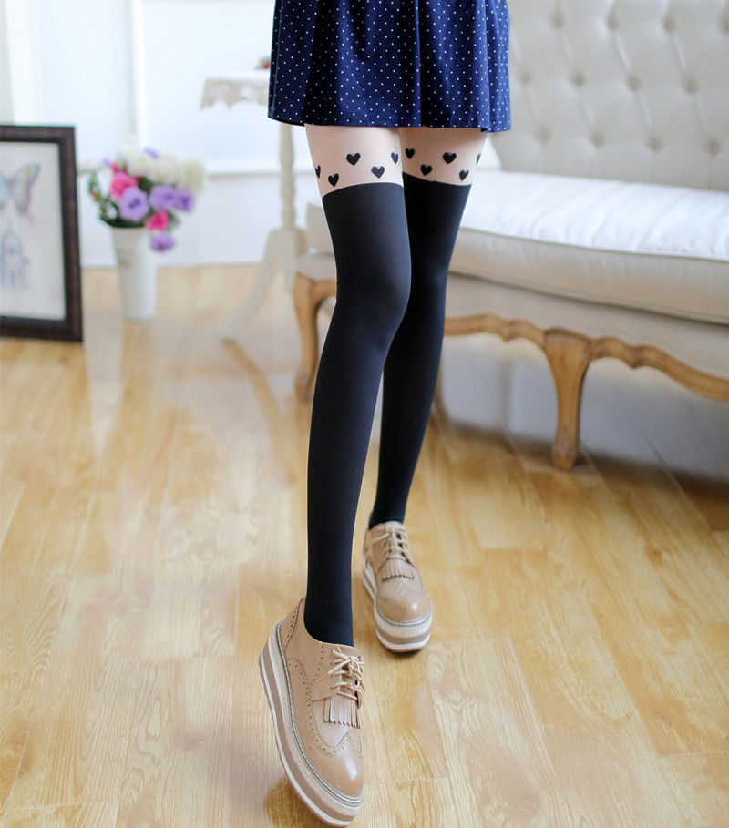 过膝假大腿高筒上肤下黑拼接两截双色丝袜显瘦连裤袜印花企鹅绿色