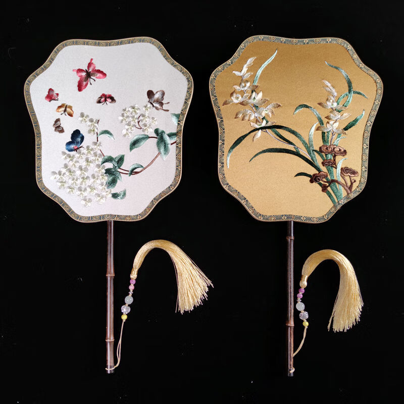 飞仙型苏绣花扇子双面刺绣异色团扇古典国风宫廷复古风紫竹大扇子飞仙