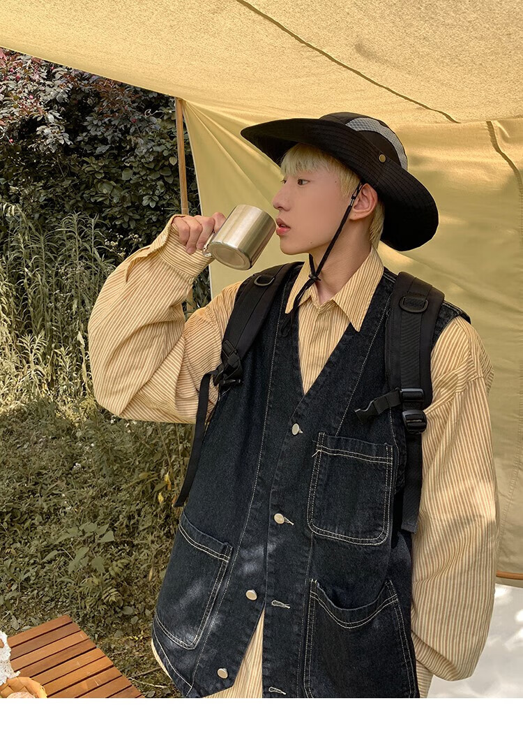 日系cityboy西部牛仔马甲男秋坎肩美式工装背心外套oversize马夹 黑色