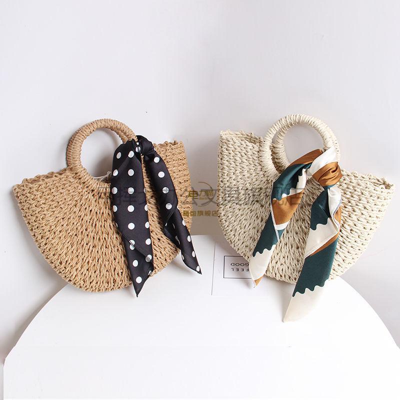 支持小米mi草编包新款百搭丝巾藤编编织包复古草包度假旅行沙滩包网