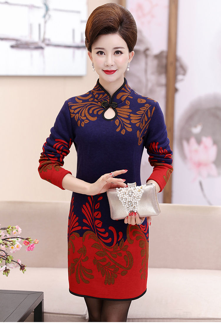 女装新款妈妈女装印花旗袍气质修身连衣裙中老年女春秋款长袖大码包臀