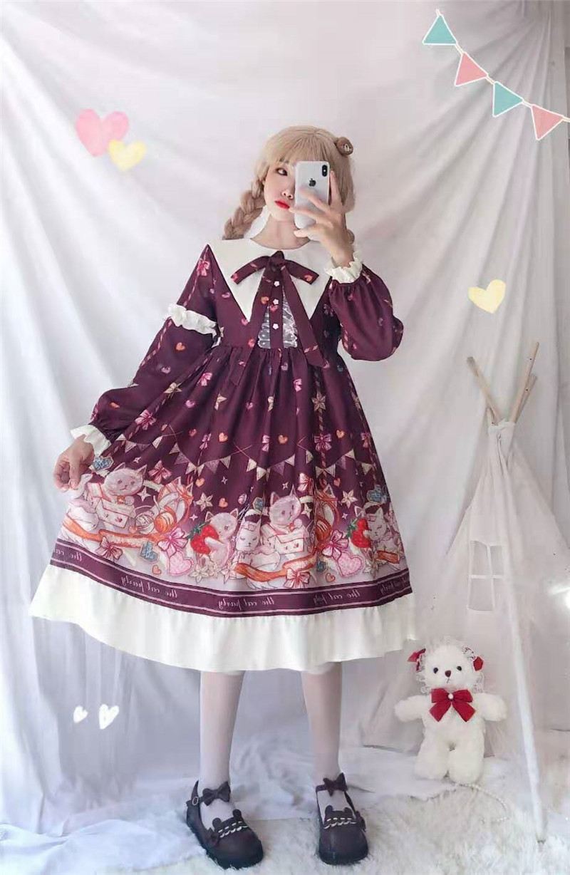 洛丽塔裙子日系洋装软妹春夏猫咪聚会lolita连衣裙op长袖裙女紫色均码
