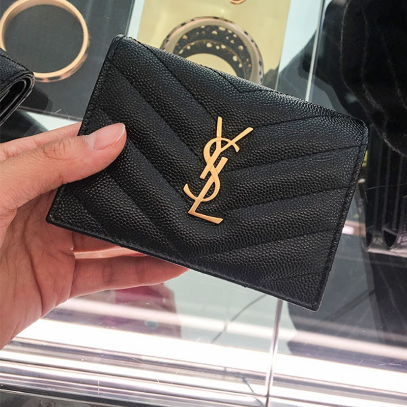 saintlauren圣罗兰ysl女包金标logo粒纹压花绗缝皮革短款钱包卡银扣