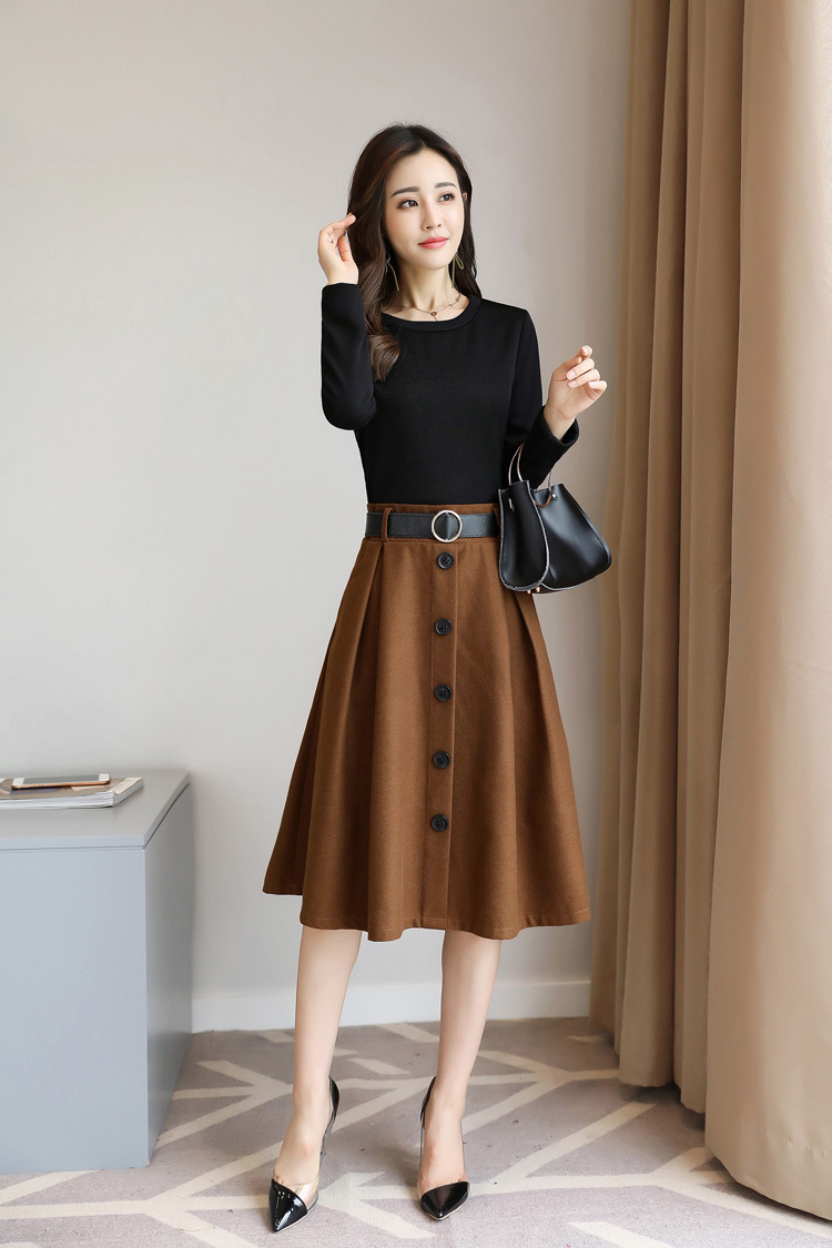 卡娇萱轻奢春秋新款气质显瘦拼接长袖中长款连衣裙a字裙配腰带绿色m