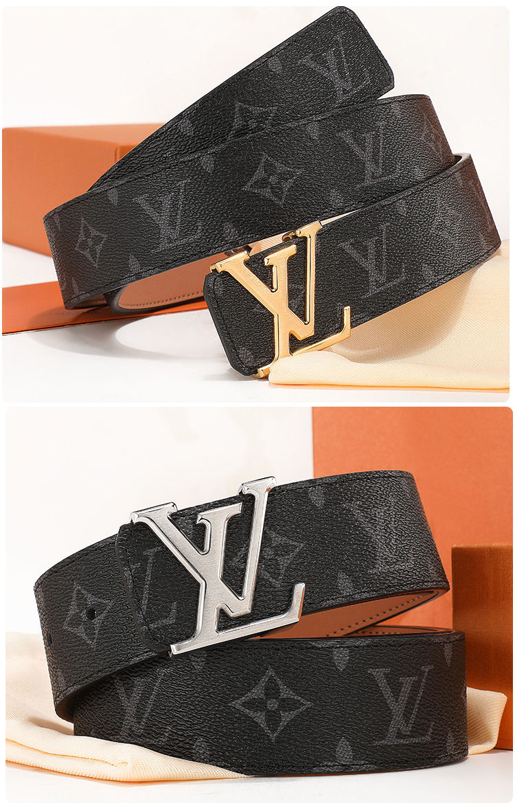 lv腰带男士新款时尚百搭头层真皮格纹商务字母平滑扣牛仔裤潮40老花