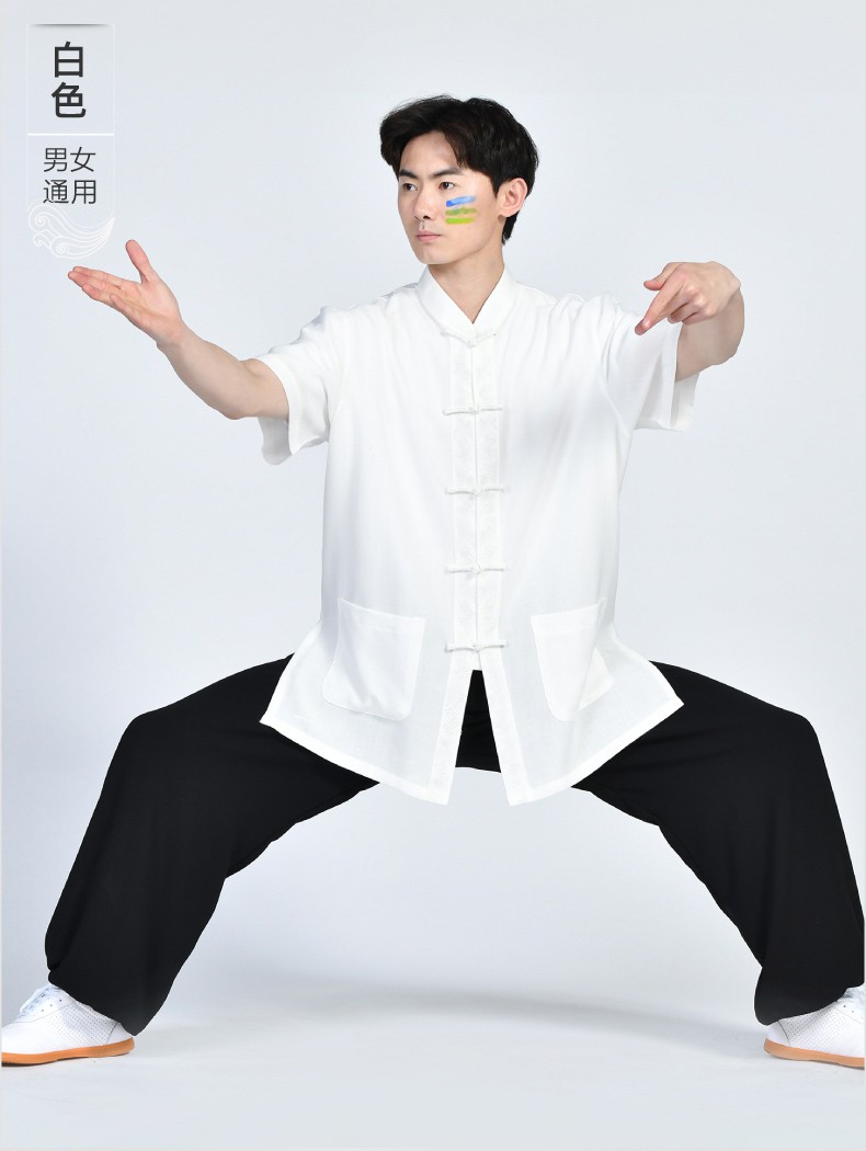 刺绣太极服夏季短袖t恤武术服太极拳练功服夏天单件上衣男女白色m