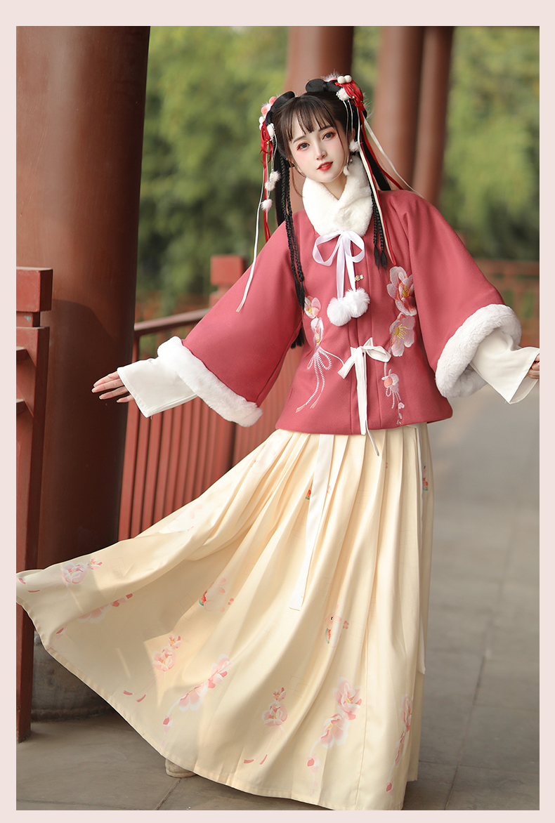 汉服女成人冬季明制加厚坦领半壁超仙襦裙改良少女古装冬天七分袖淡粉