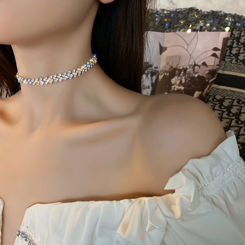 性感露肩锁骨链女网红水钻短款项链脖子饰品choker项圈韩国颈链女多排