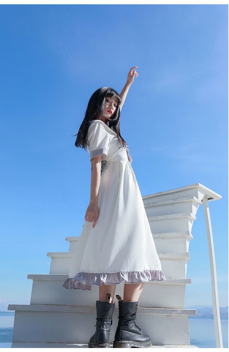 海军领短袖初恋白色水手服女夏季学院风蝴蝶结制服长裙子 10107连衣裙